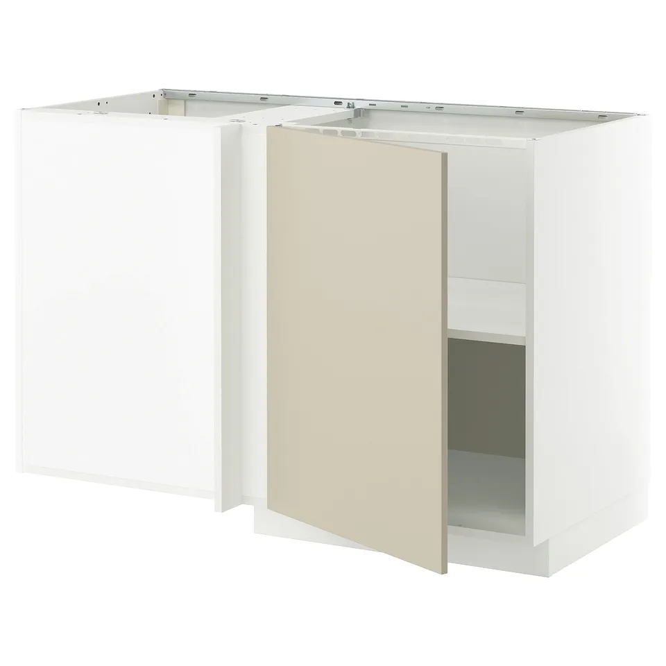 METOD kitchen unit in beige with white frame, featuring open shelf, sleek modern design.