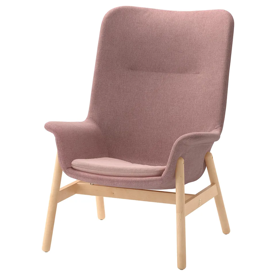 VEDBO armchair: soft, pink, wooden legs, curved back, cosy design.