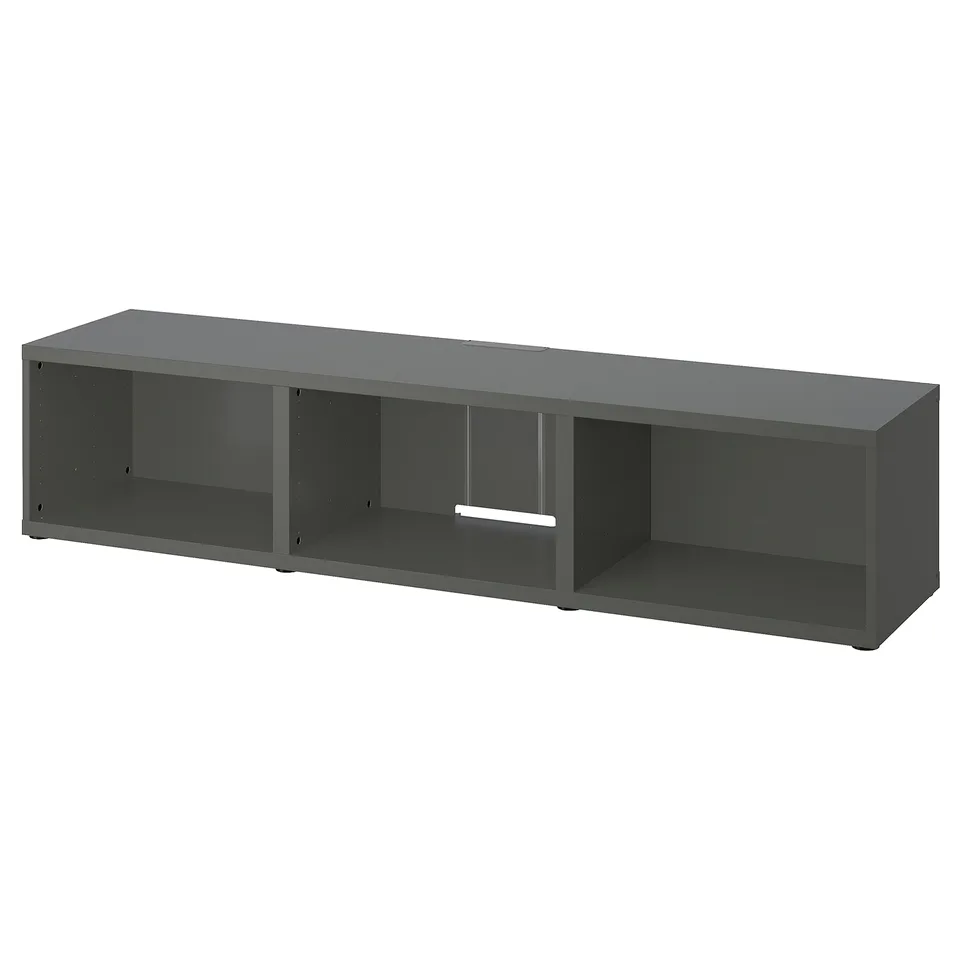 A dark grey IKEA BESTÅ tv bench, rectangular, with open storage compartments.
