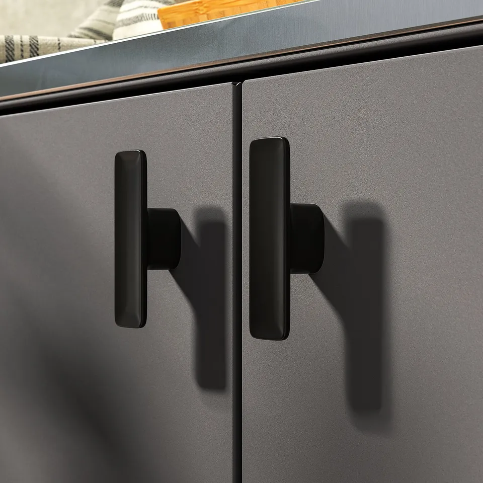 High-quality BÅTSKÄR outdoor kitchen cabinet with black handles and grey finish, soft-close hinges.