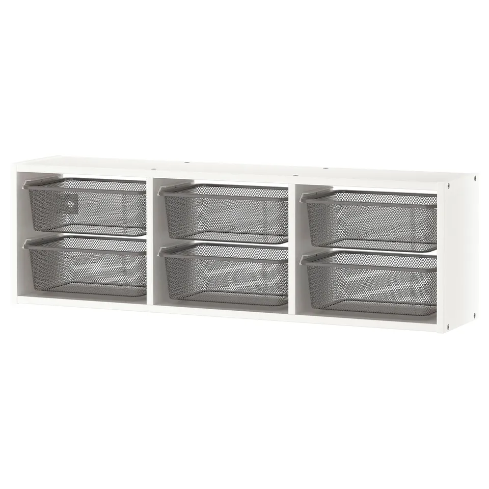 White three-compartment wall shelf with mesh wire baskets, modern and minimalist design. Perfect for organising and storage.