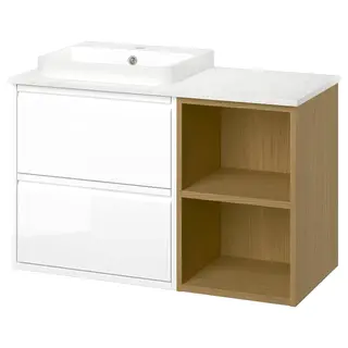 ÄNGSJÖN / BACKSJÖN wash-stand/wash-basin, high-gloss white/oak effect/white marble effect, 102x49x71 cm