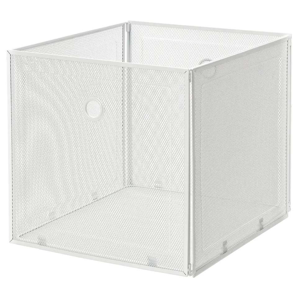 A white DRÖNJÖNS mesh storage cube made of steel, designed for organising items, and fitting perfectly into shelving units.