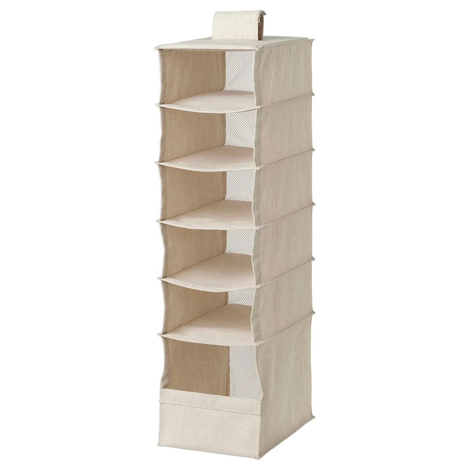 PURRPINGLA Hanging storage w 6 compartments, textile/beige, 22x34x80 cm