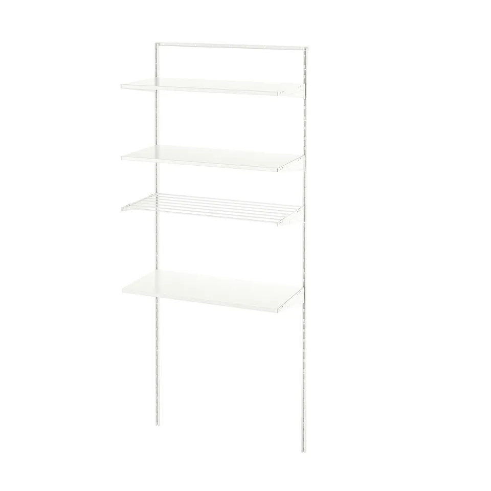 White BOAXEL wall shelf, metal & wood. Four-tier storage, modern minimalist design.