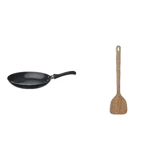 MAJFISK/TAGGHAJ set: frying pan + wok spatula, non-stick coating black + acacia, 24 cm