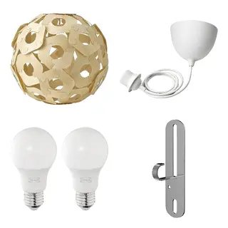 FÖRUT/HAVSDJUP/SOLHETTA/ÖDLEBLAD set: pendant lamp shade + cord set + LED bulb E27 470 lumen + pendant/ceiling lamp hook, birch veneer + white + globe opal white, 48 cm