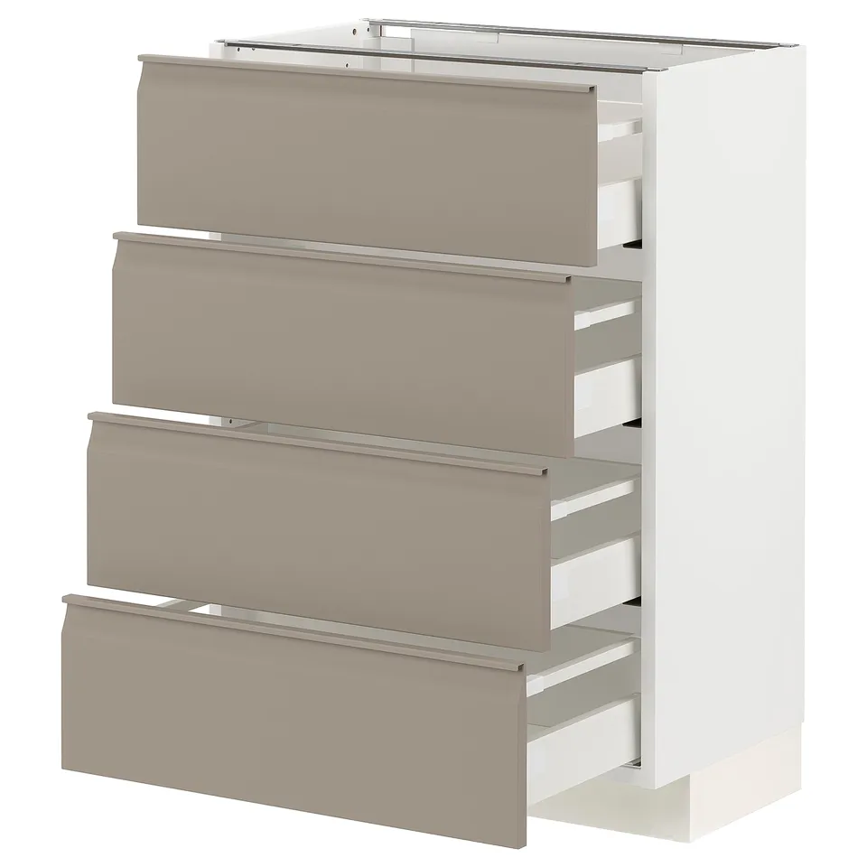 Modern kitchen unit, white with grey-beige drawers, metallic handles, vertical design.