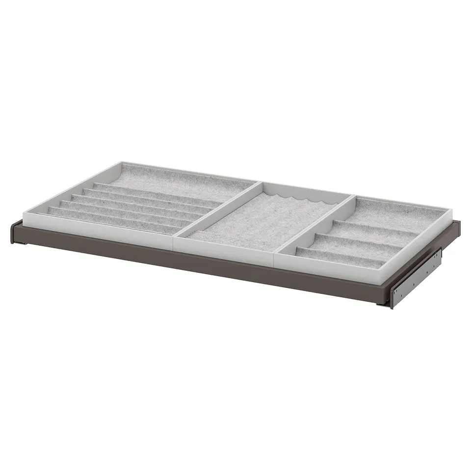 KOMPLEMENT pull-out tray, grey, felt-lined for accessories, divided compartments.