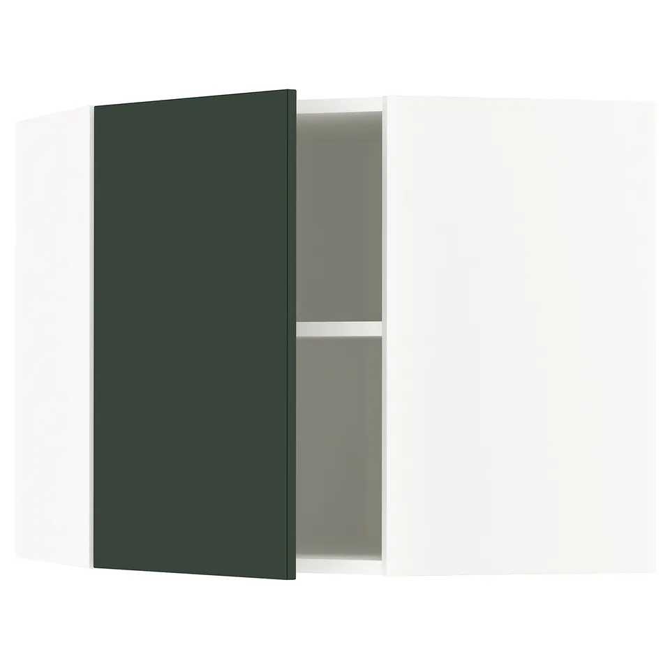 A dark green ikea METOD kitchen cabinet with an adjustable shelf and reversible door.
