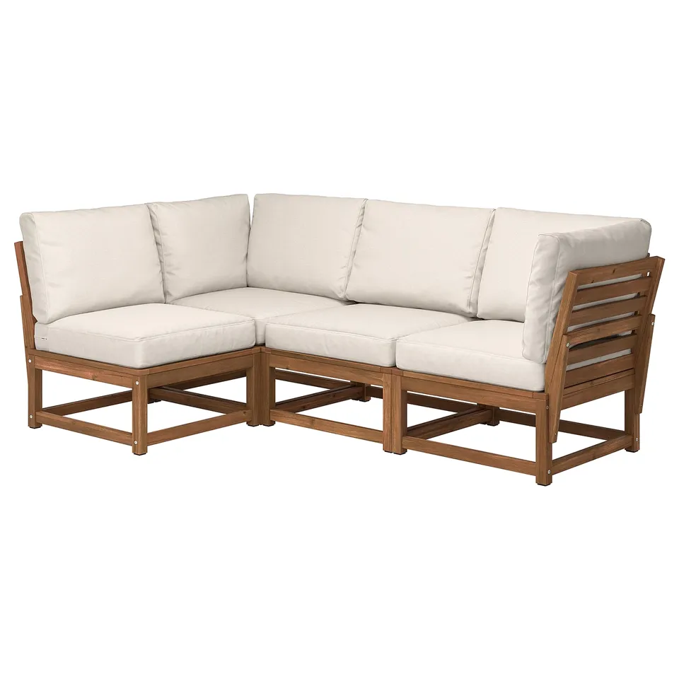 NÄMMARÖ outdoor sectional, beige cushions, acacia wood, l-shape, modern design.