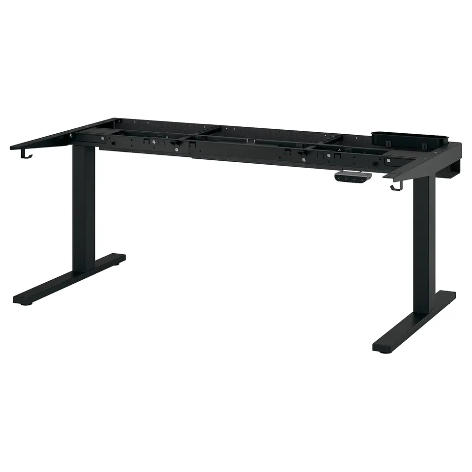 MITTZON black sit-stand desk frame, adjustable metal legs, hooks for accessories.