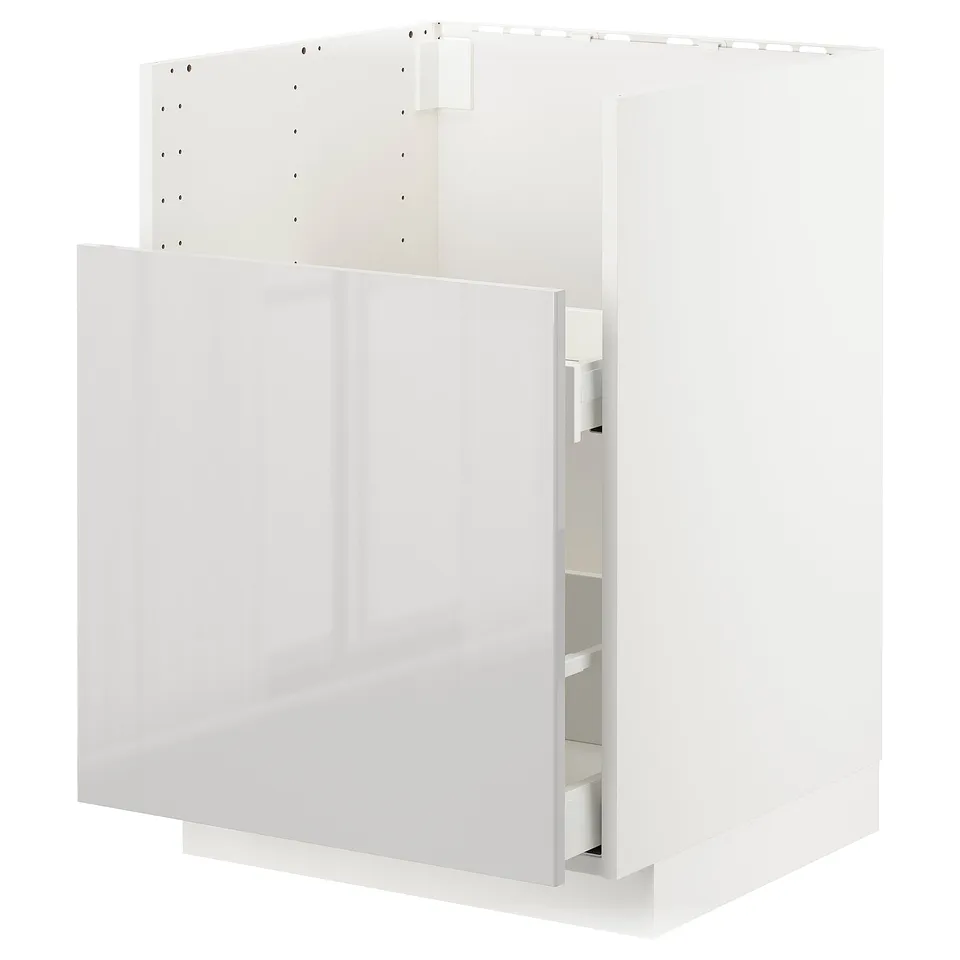 A white METOD kitchen cabinet with glossy grey fronts, featuring sleek design and modern aesthetics.