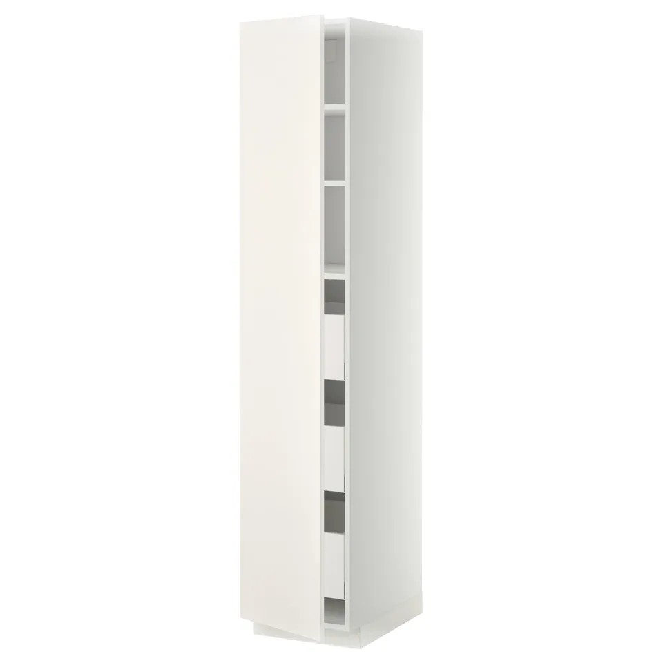A white METOD tall kitchen cabinet with multiple shelves. It a sleek design with smooth doors and a modern look.