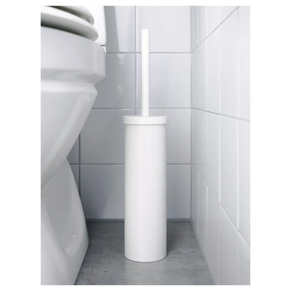 White bathroom with standing toilet brush holder ENUDDEN, clean design.
