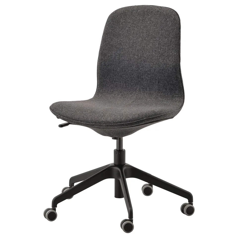 LÅNGFJÄLL grey office chair, curved lines, fabric seat, height-adjustable, tilt mechanism, five wheels.