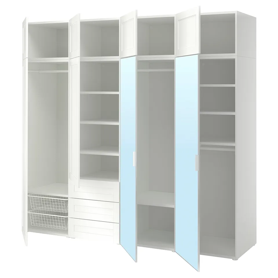 PLATSA Wardrobe with 8 doors+3 drawers, white STRAUMEN mirror glass/SANNIDAL white, 240x57x221 cm
