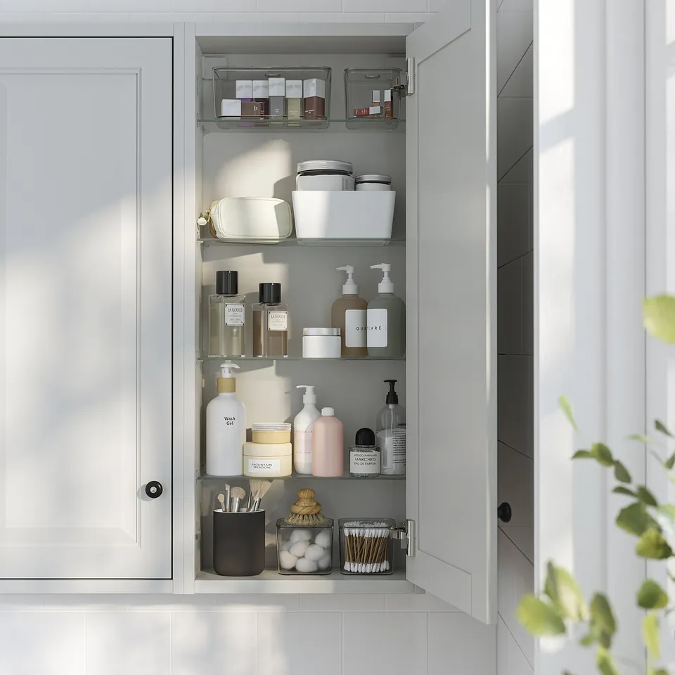 Organised bathroom cabinet with adjustable shelves, holding toiletries and makeup, mounted on wall.
