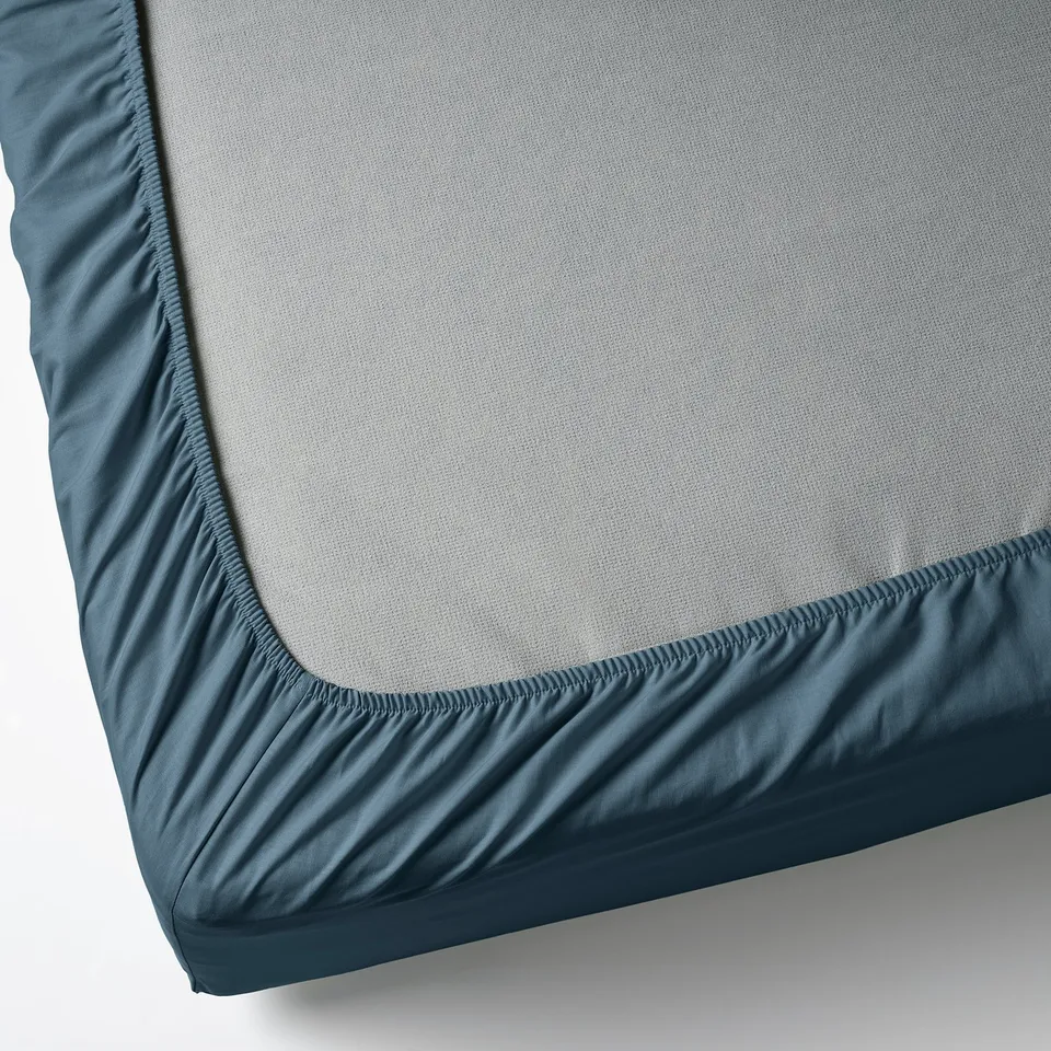 Mattress protector with fitted blue cotton sheet.
