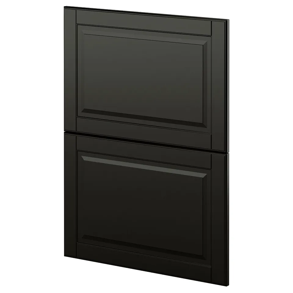 Black METOD kitchen cabinet with bevelled edges. Sleek, rectangular design with glossy finish.