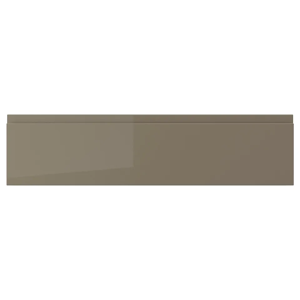 VOXTORP drawer front, dark grey-brown, glossy finish, rectangular shape with integrated handle, modern design.