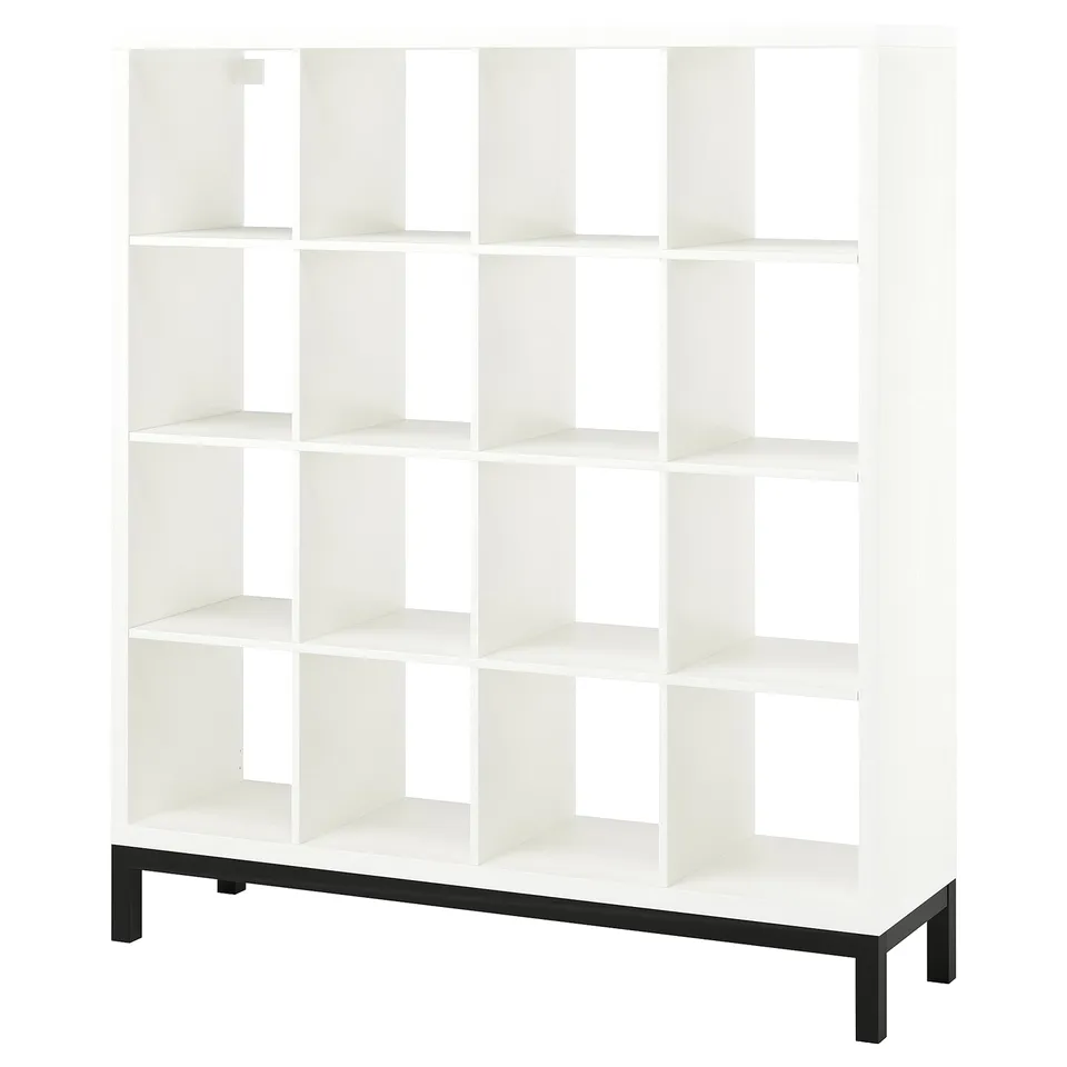 KALLAX white cube shelf unit, modern design with black metal base, open storage.