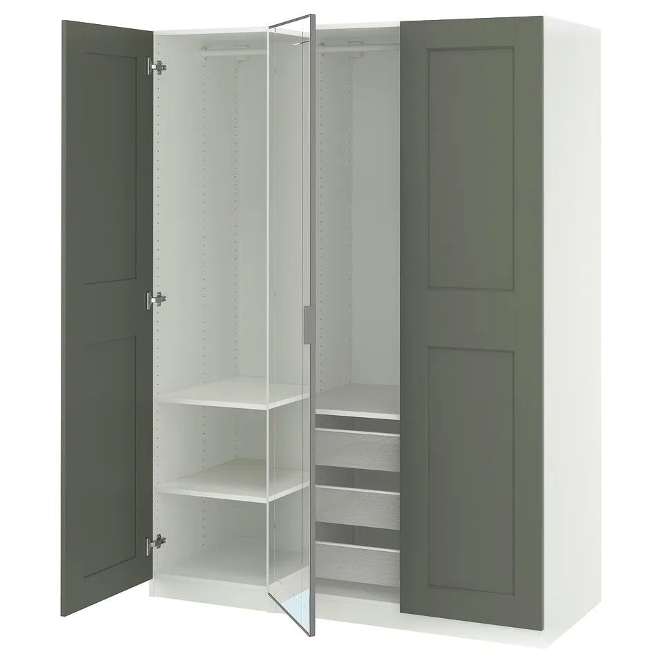 PAX wardrobe: white & green. Shallow, tall, mirrored doors, soft-close hinges. Shelves & drawers inside.