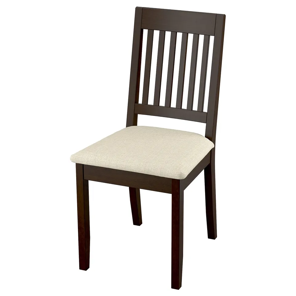 NÄSINGE chair, beige fabric, wooden frame, slatted back, high backrest, padded seat, modern farmhouse design.