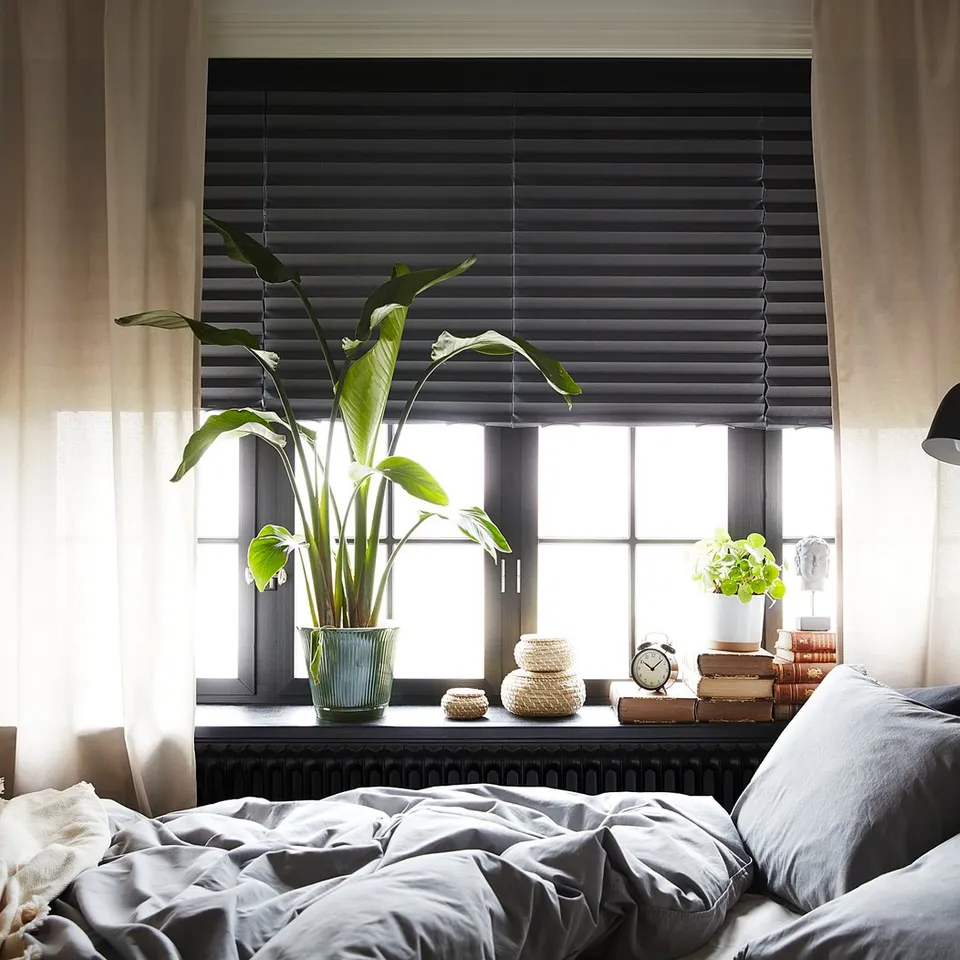 Cosy bedroom with large grey SCHOTTIS block-out blinds, beige curtains, and potted plant by the window.