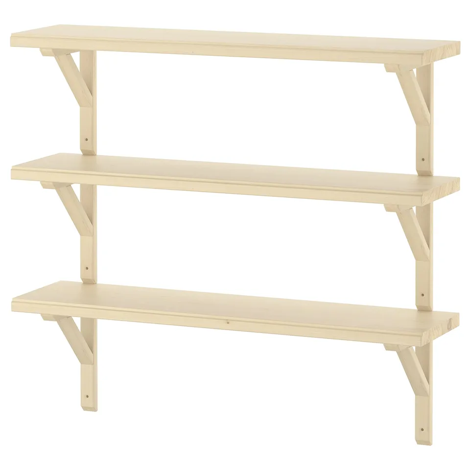 TRANHULT wall shelf, natural wood, three tiered, simple design.