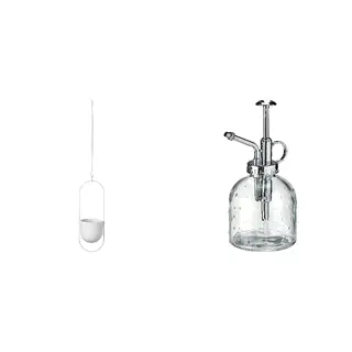CHILISTRÅN/SESAMFRÖN set: hanging planter + plant mister, in/outdoor white + clear glass, 12 cm
