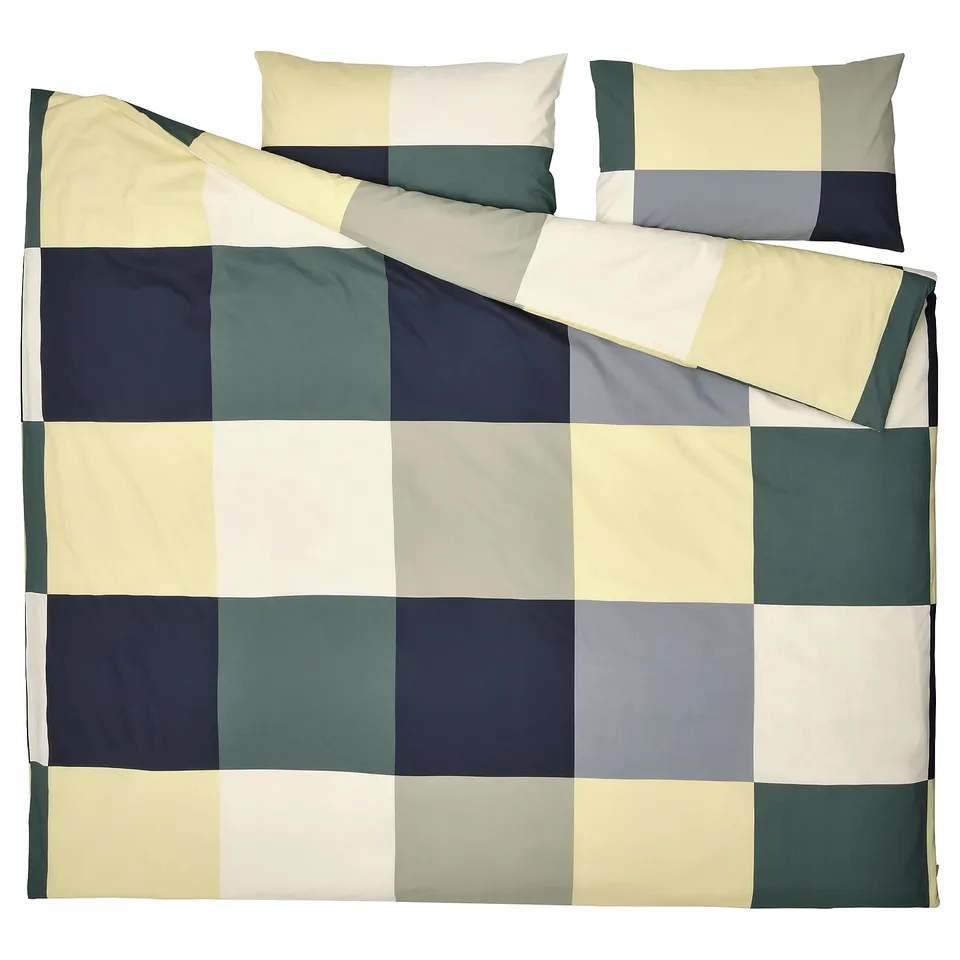BRUNKRISSLA bedding set, chequered pattern, grey-green, cotton-viscose, rectangular.