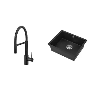 KILSVIKEN/SALLSJÖN set: kitchen mixer tap pull down w spray + inset sink, 1 bowl, black + black quartz composite, Height 480 mm
