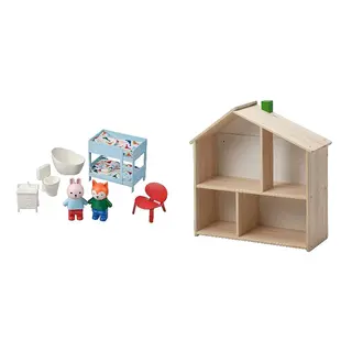 FLISAT/HUSET set: dollhouse furniture and figures + doll's house/wall shelf, bedroom/bathroom multicolour