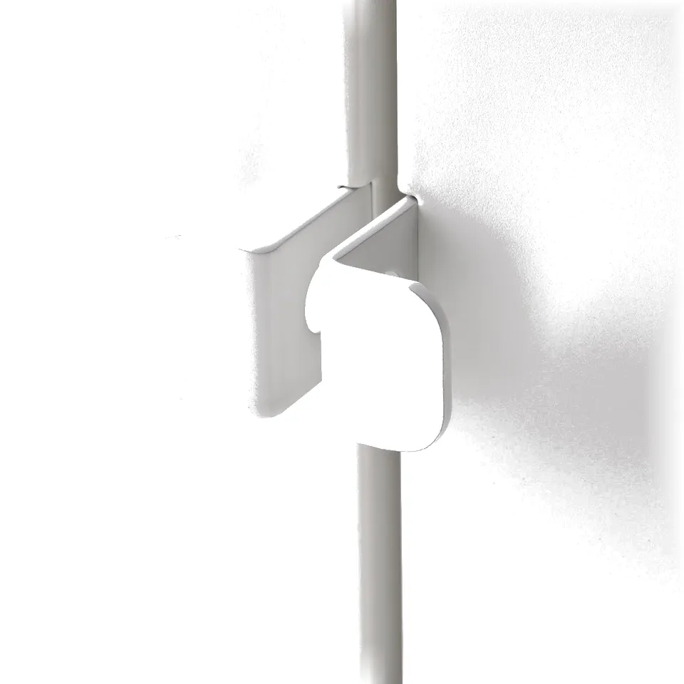 White powder-coated metal hinge detail, sturdy and clean.