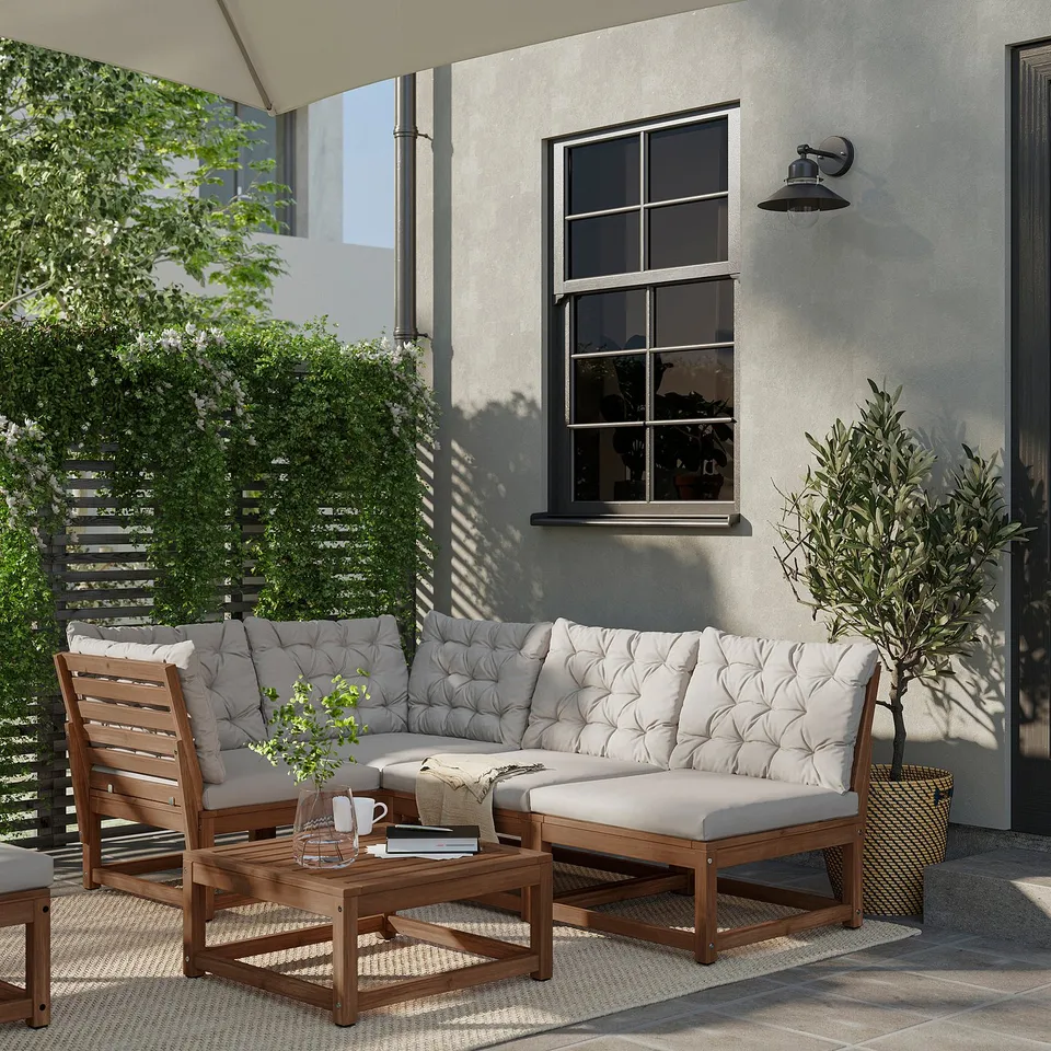 NÄMMARÖ Corner sofa, 3-seat, outdoor light brown stained/Kuddarna light grey-beige, 210 cm