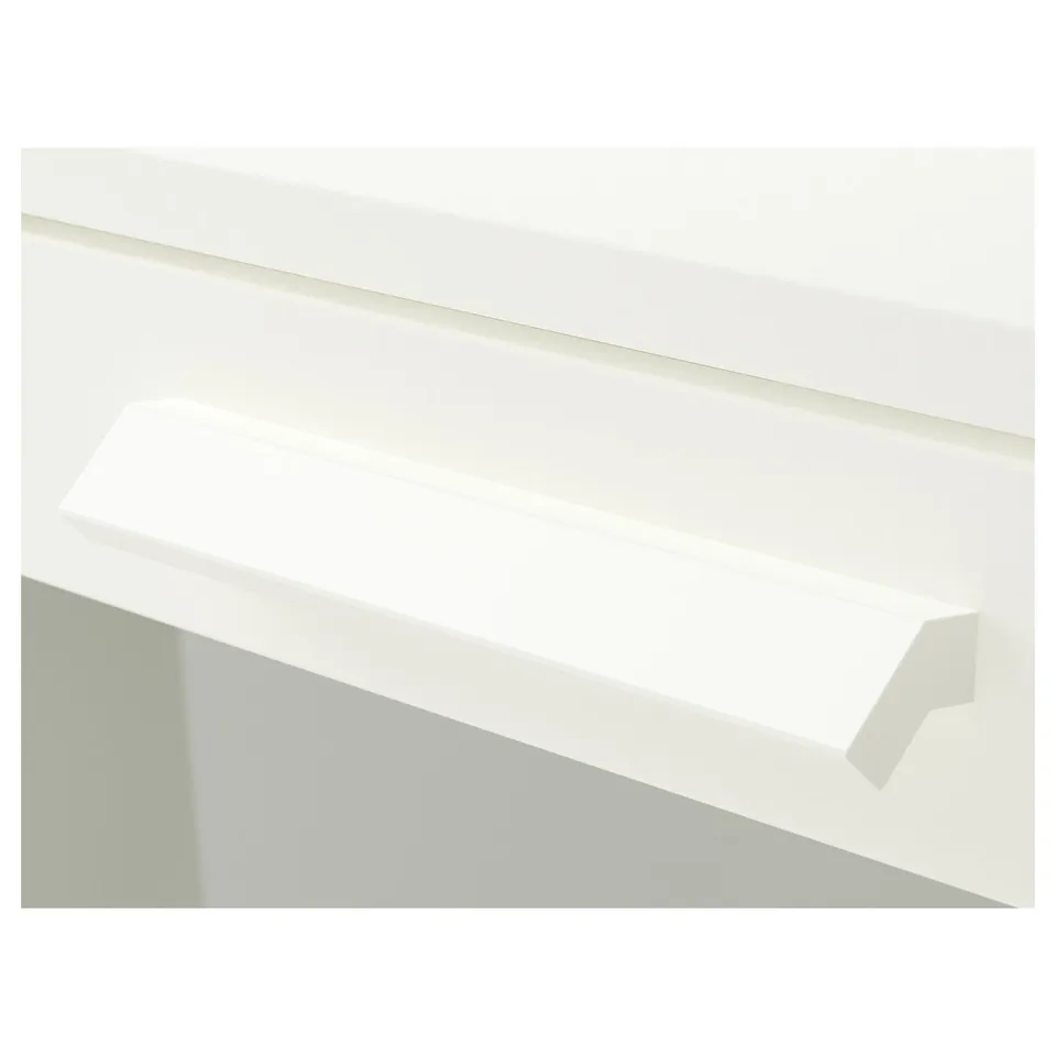 Modern white chest of drawers with three drawers, sleek design, frosted glass top drawer. Safely wall-anchored, smooth running drawers.
