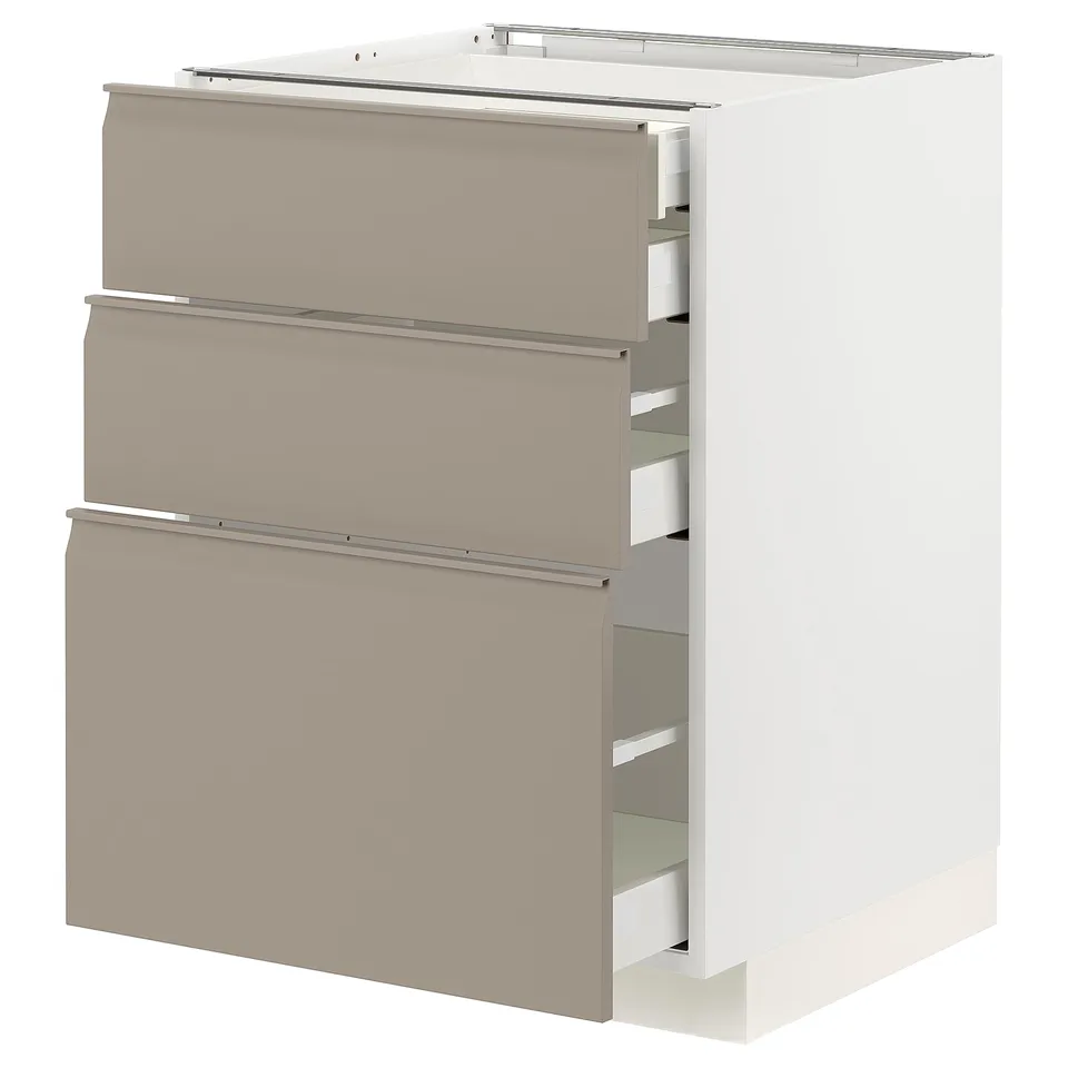 Modern kitchen cabinet, white and grey, with 3 drawers, smooth fronts, soft-close.