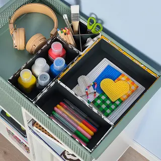 LYSMASK/ÖVNING set: trolley + box, set of 4, white/grey-green + patterned/multicolour, 54x33 cm