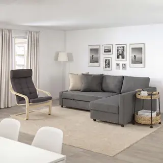 FRIHETEN/LUBBAN/POÄNG Corner sofa-bed with storage/Trolley table with storage/Armchair, Skiftebo dark grey + rattan/anthracite + birch veneer/Gunnared dark grey, Depth 151 x Width 230 cm