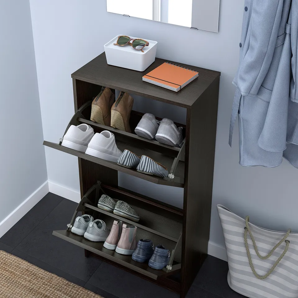 Wooden shoe cabinet, 4 adjustable shelves, holds 8 pairs, wall-mounted cutout.