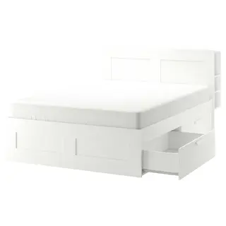 BRIMNES bed frame w storage and headboard, white/Lönset, 160x200 cm