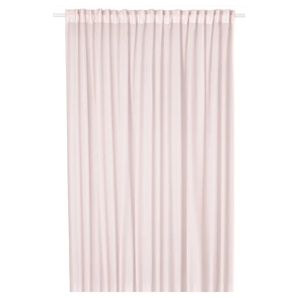 Light pink STENFRÖ sheer curtain with heading tape, made from recycled polyester for energy-saving and privacy.