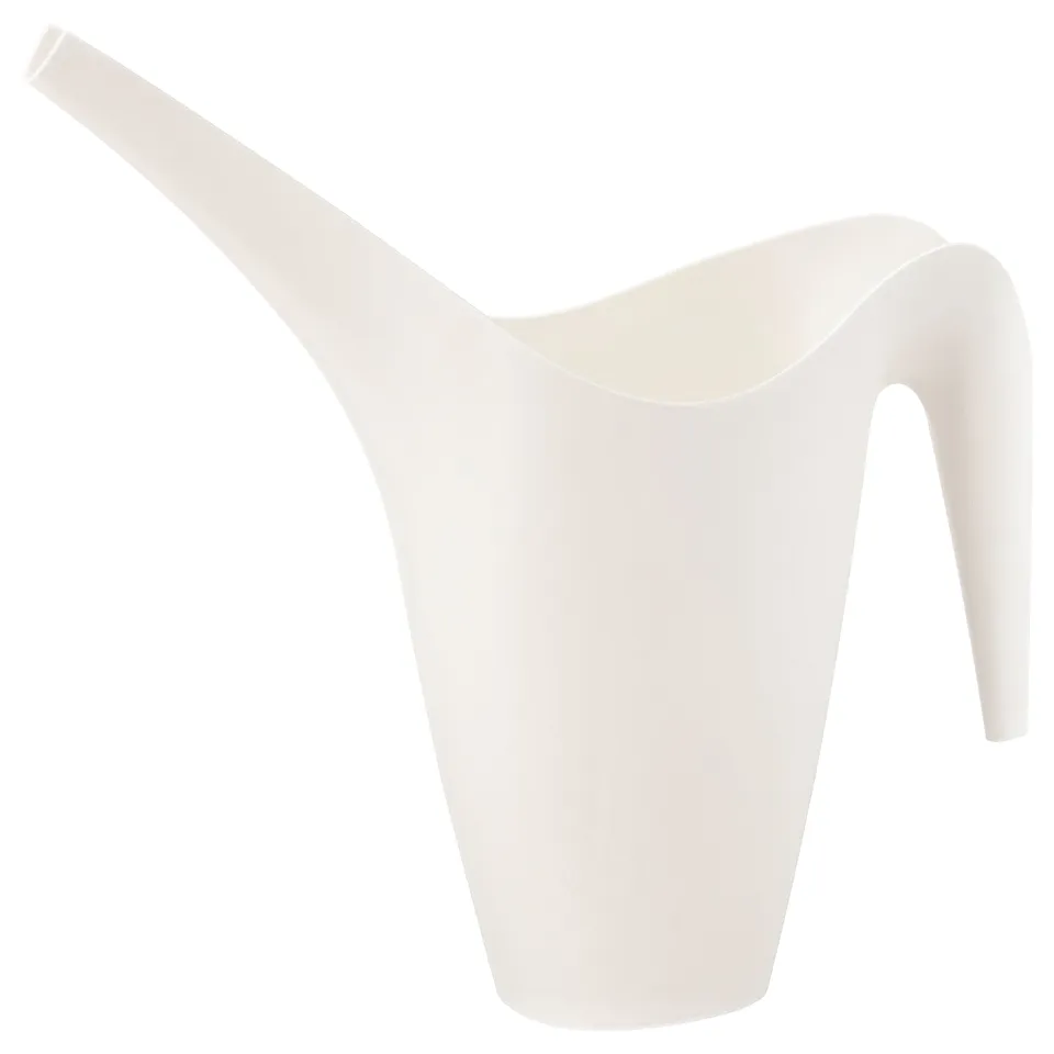 White ikea watering can, sleek, curved design with long handle.
