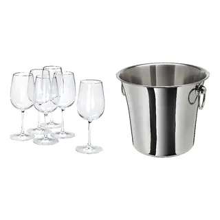 SOLDRÄNKT/STORSINT set: wine glass + wine cooler, clear glass + stainless steel, 49 cl