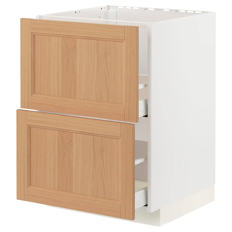 METOD kitchen cabinet in white and oak wood, two drawers, natural design.