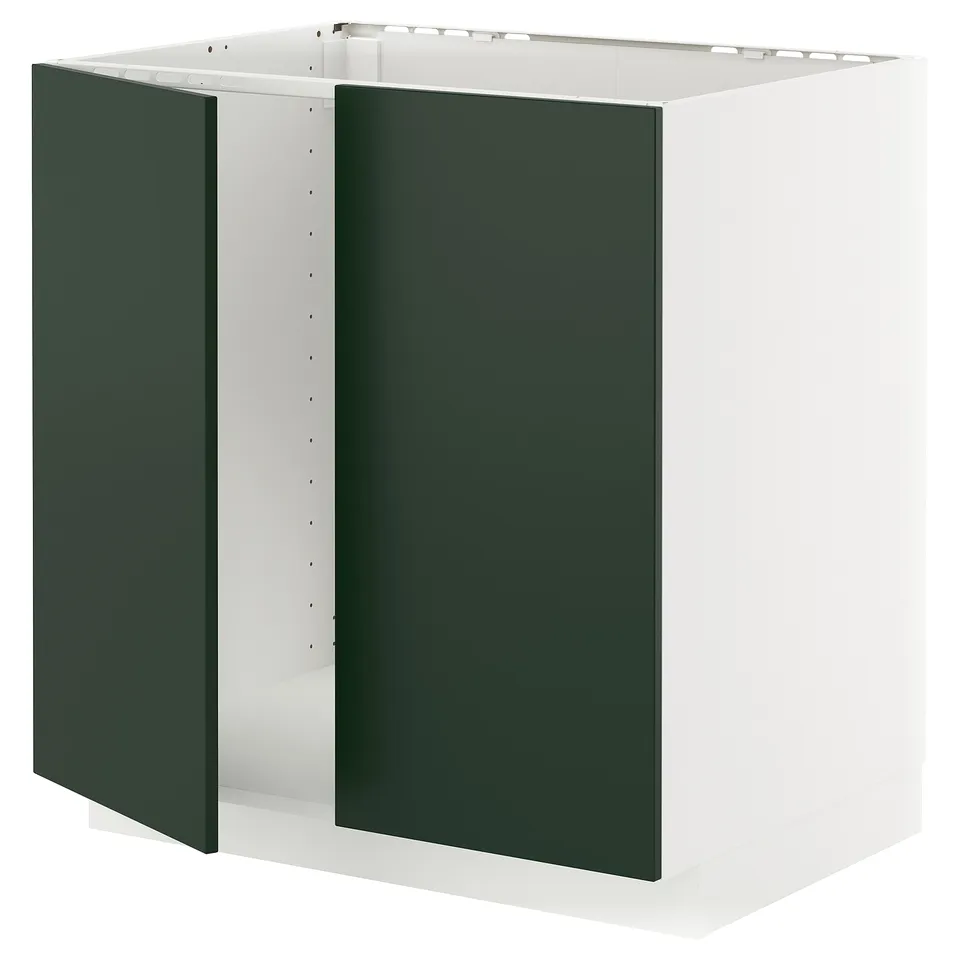 White METOD cabinet with dark green acrylic fibreboard doors.