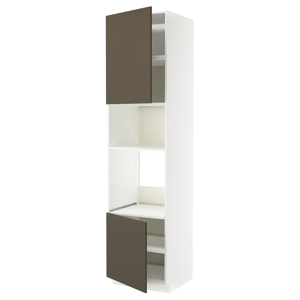 Brown and beige METOD kitchen cabinet with open door.