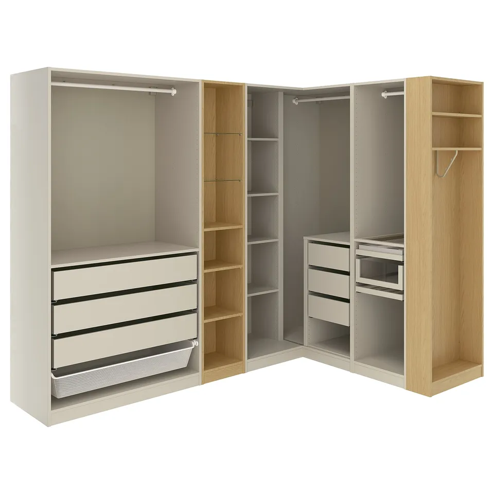 PAX Corner wardrobe, grey-beige grey-beige/oak effect, 231/196x201 cm