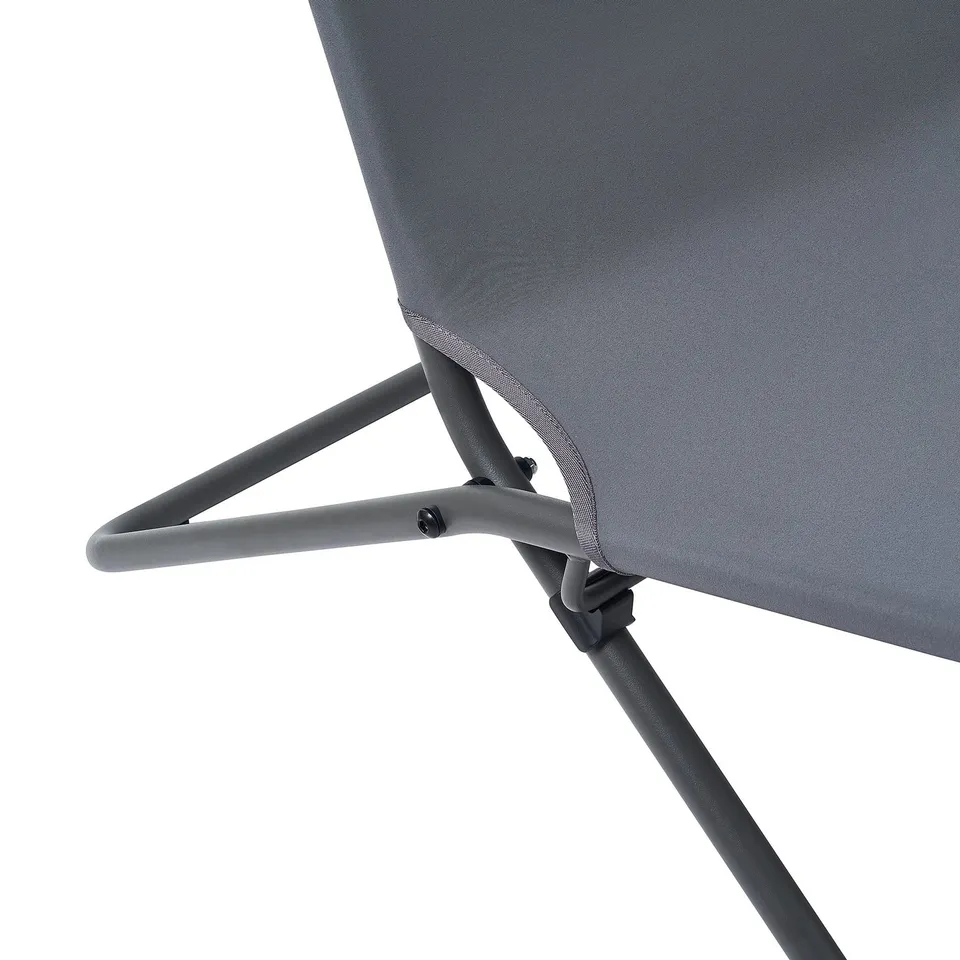 Foldable lounge chair detail: sturdy steel frame with smooth powder coating, grey polyester fabric, strong joint connexion.